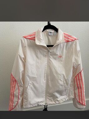 adidas Originals Women's White Bomber Jacket with Pink Stripes